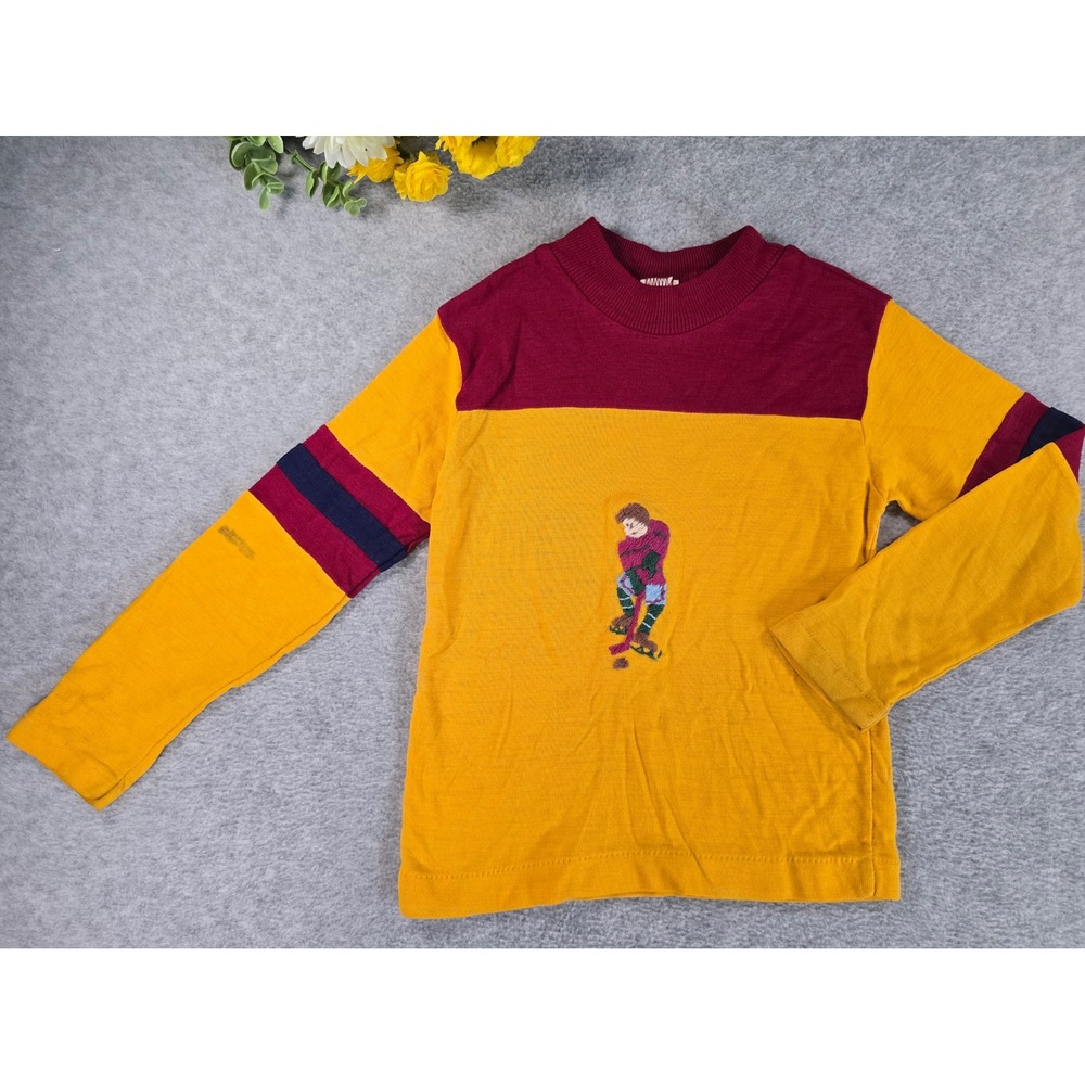 Vintage 70s Embroidered Hockey Shirt Toddler Yellow Burgundy Retro Colorblock 3T